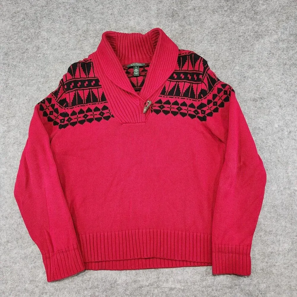 Ralph Lauren LRL Women XL Cotton Knit Shawl Collar Aztec Nordic Pullover Sweater